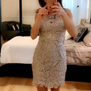 Champagne colored, lace cocktail dress.